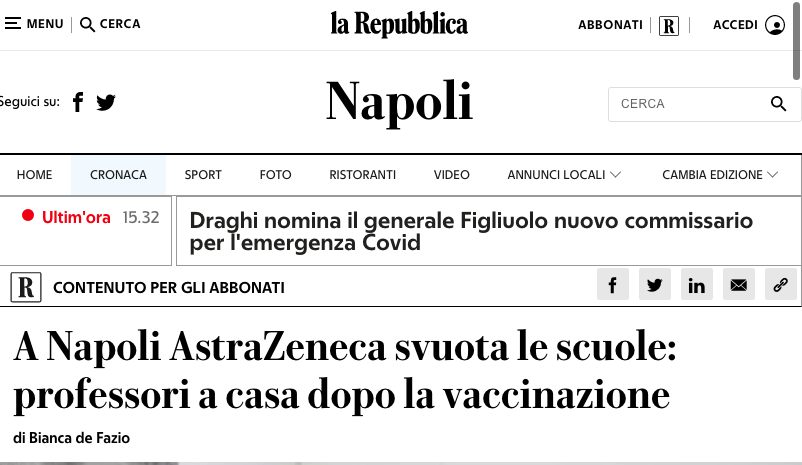 Vaccini Covid: a Napoli gli effetti collaterali svuotano le scuole